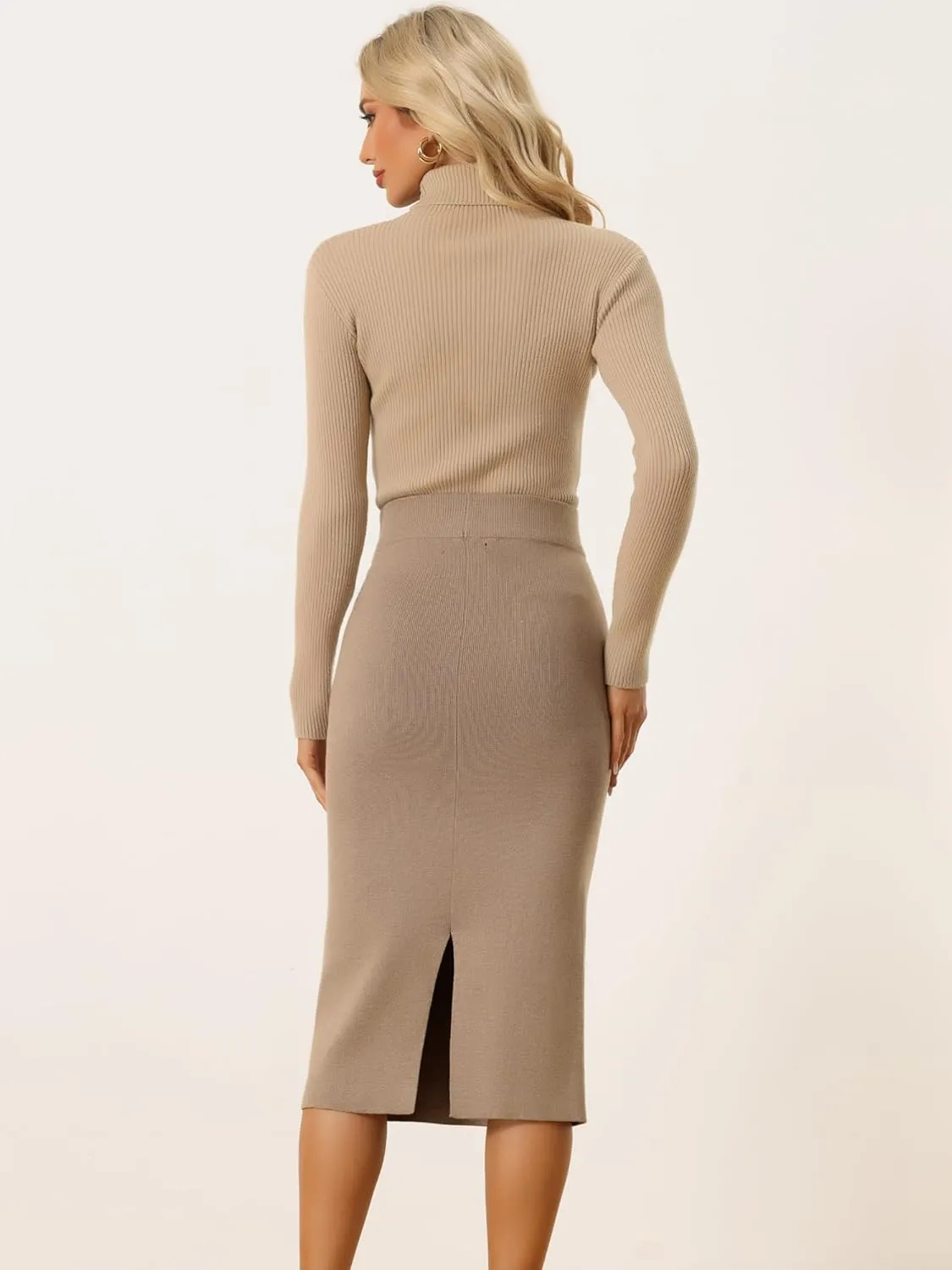 Allegra K Women's Sweater Skirts Ribbed Knit Elastic High Waist Stretchy Slit Casual Office Pencil Midi Skirt