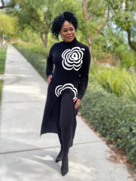 Asymmetric Turtleneck Long Floral Sweater