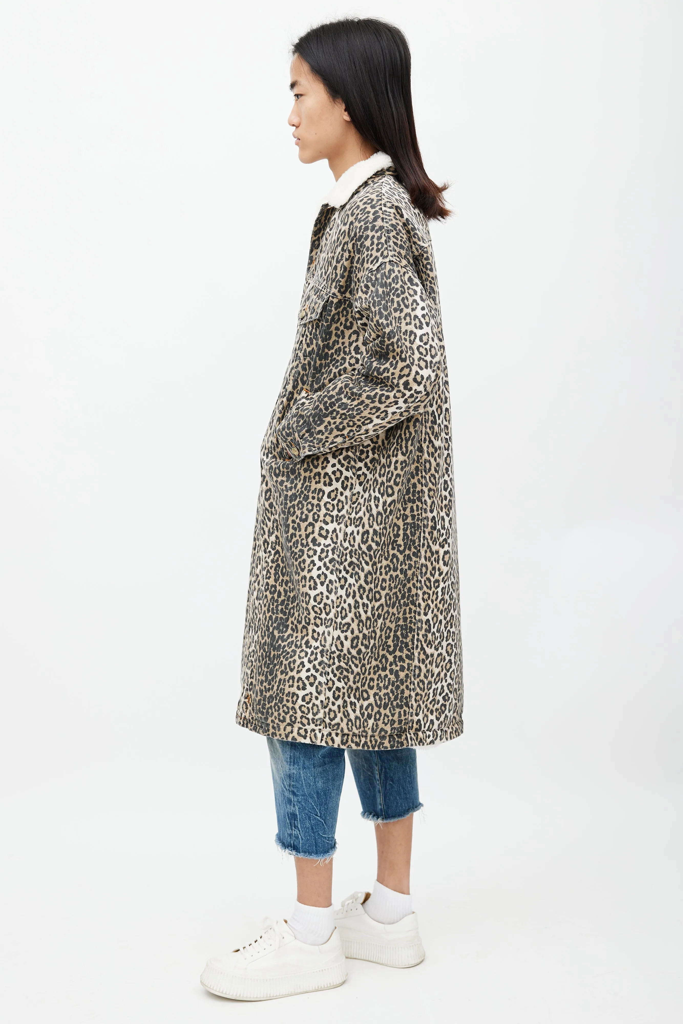Brown & Black Patterned Denim Shearling Coat