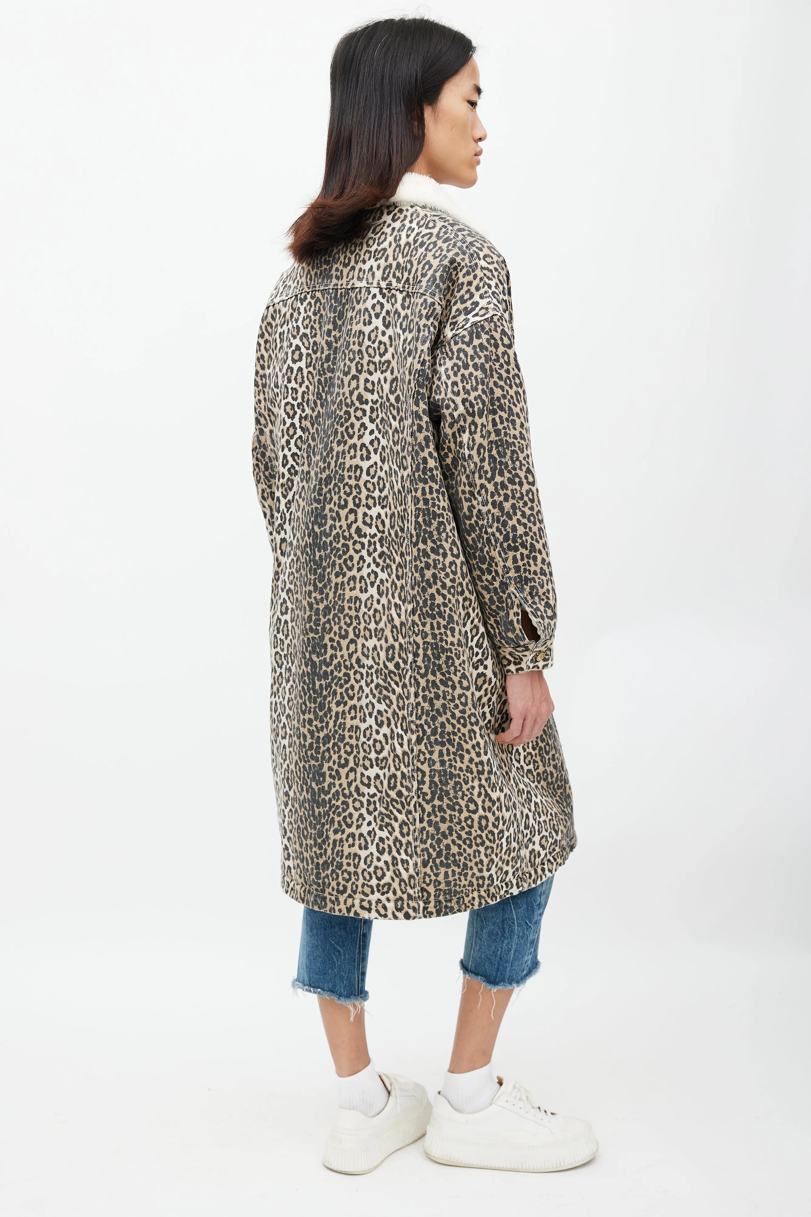 Brown & Black Patterned Denim Shearling Coat
