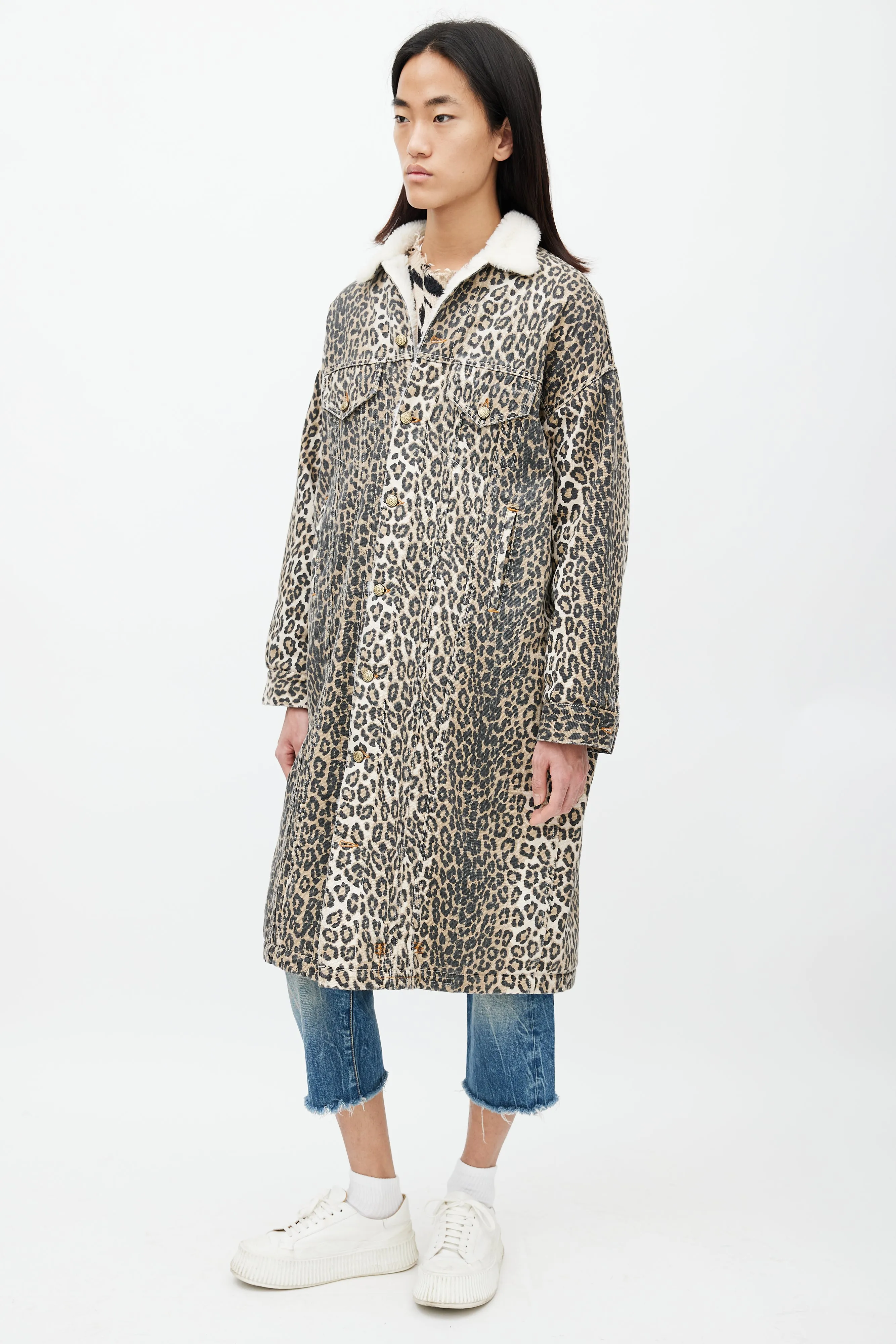 Brown & Black Patterned Denim Shearling Coat
