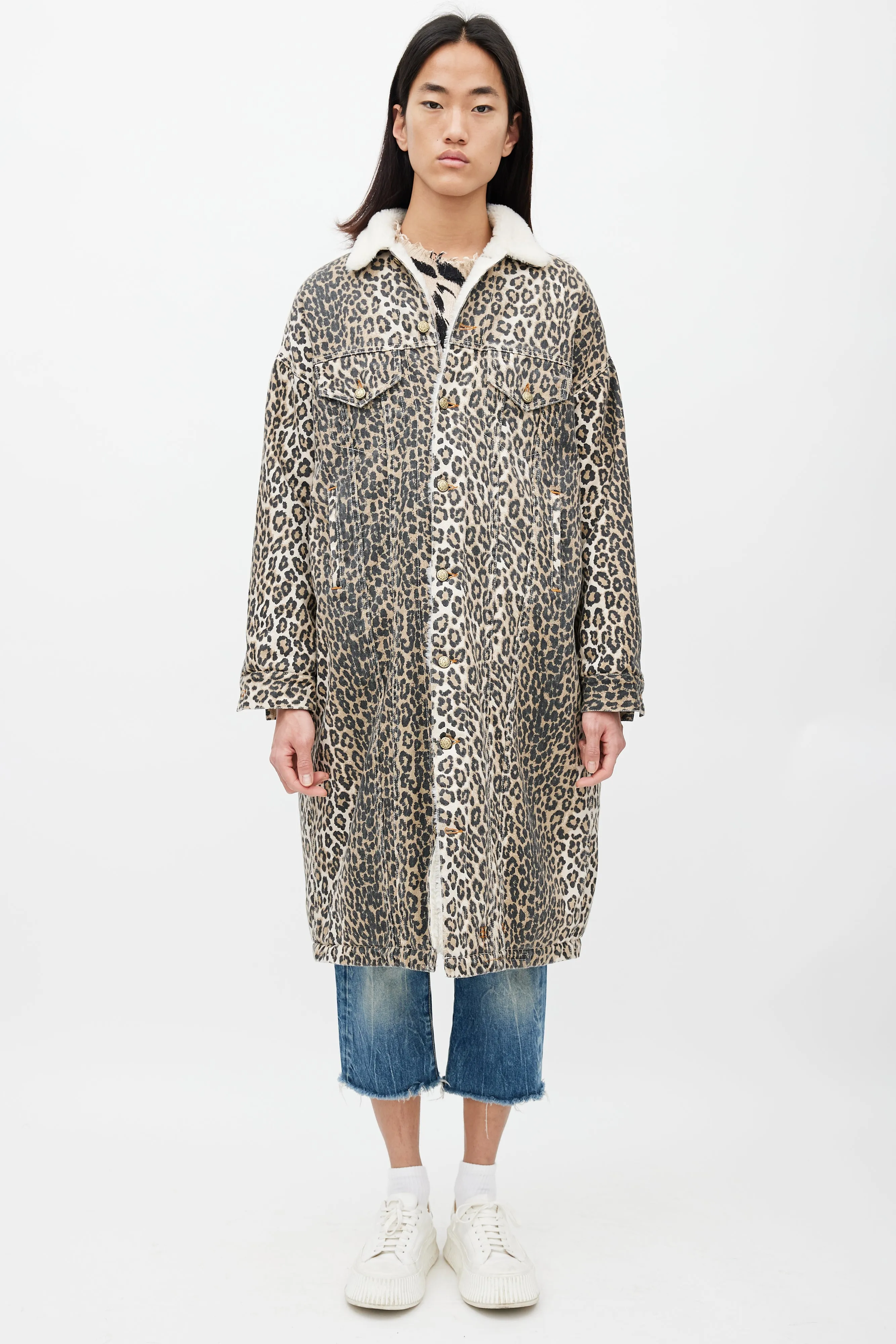 Brown & Black Patterned Denim Shearling Coat