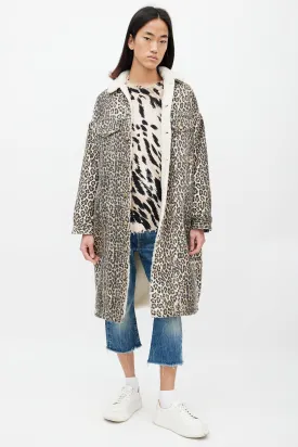 Brown & Black Patterned Denim Shearling Coat