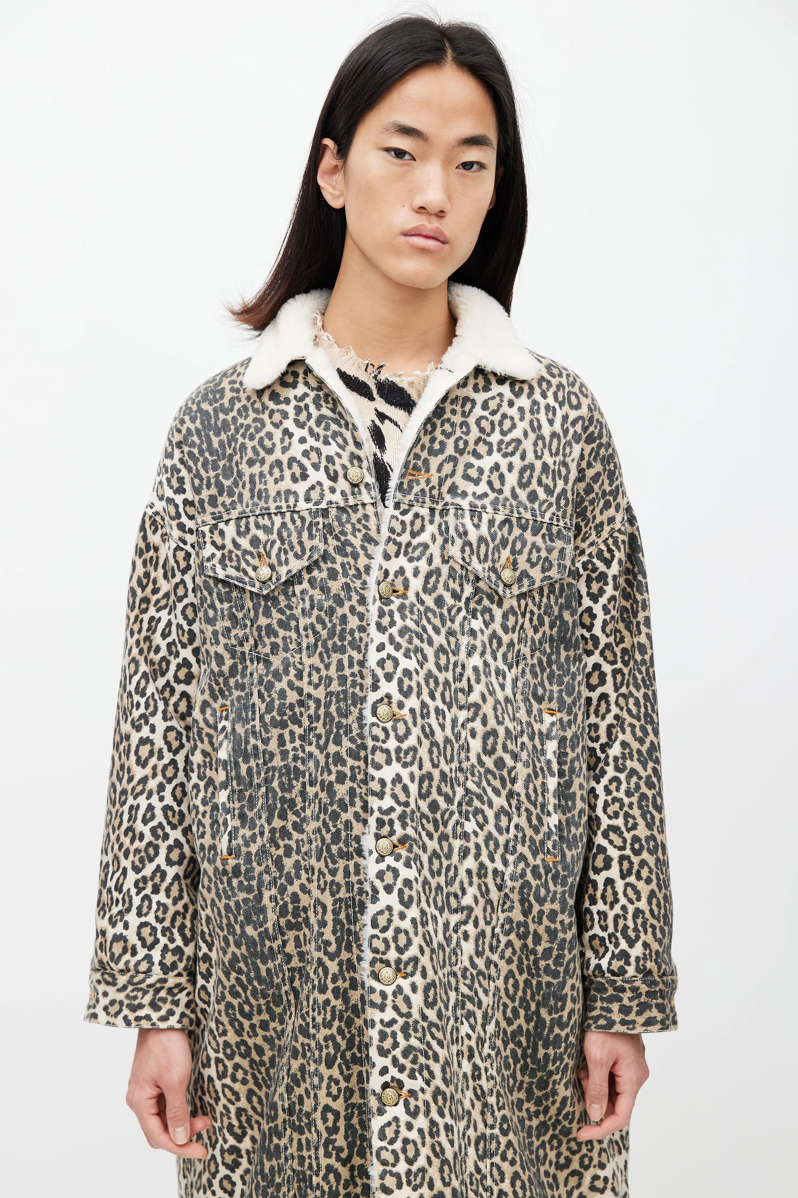 Brown & Black Patterned Denim Shearling Coat