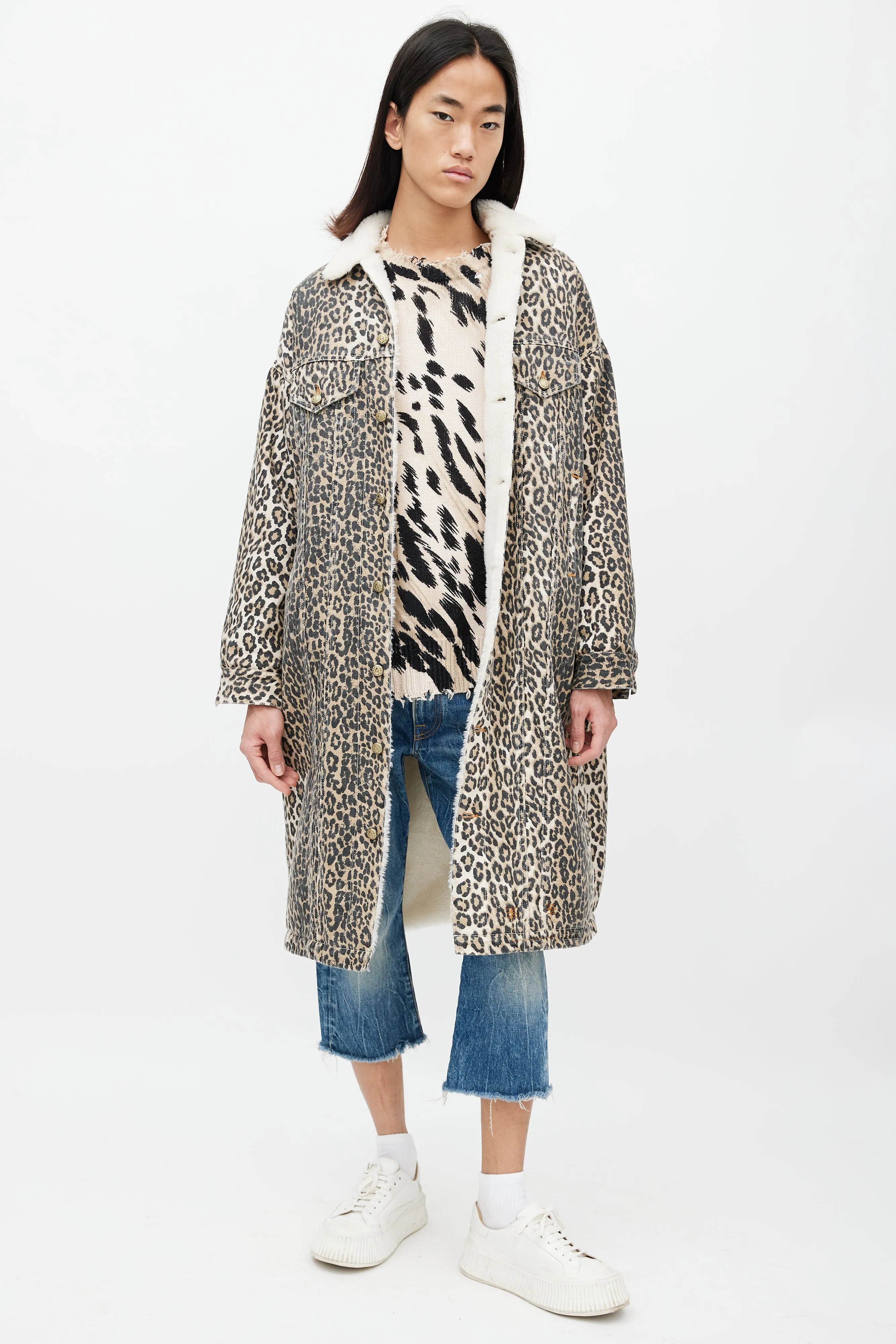 Brown & Black Patterned Denim Shearling Coat