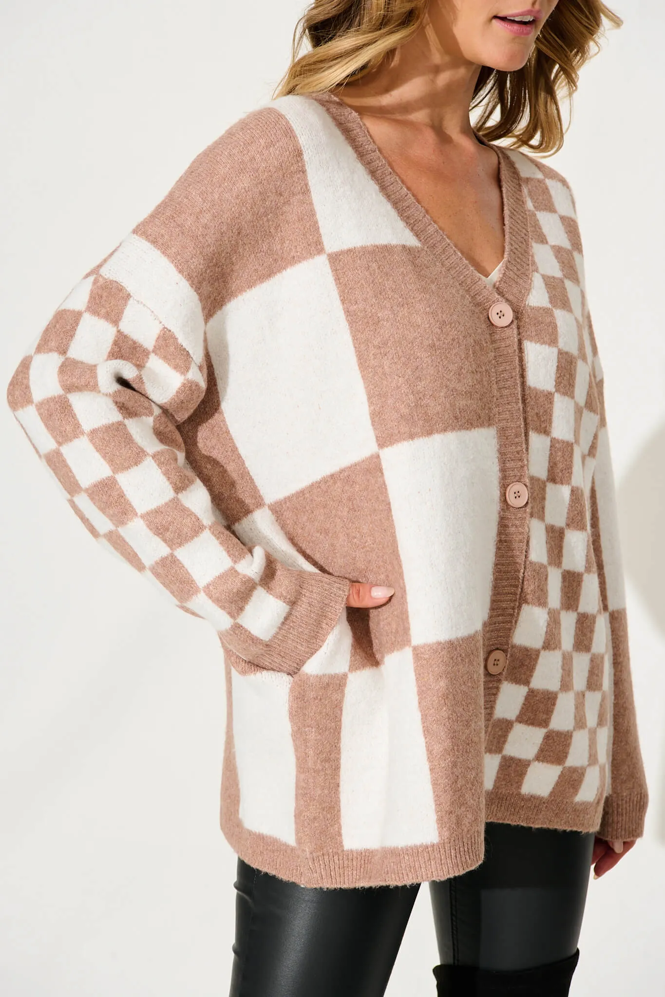 Calina Knit Cardigan In Brown Check