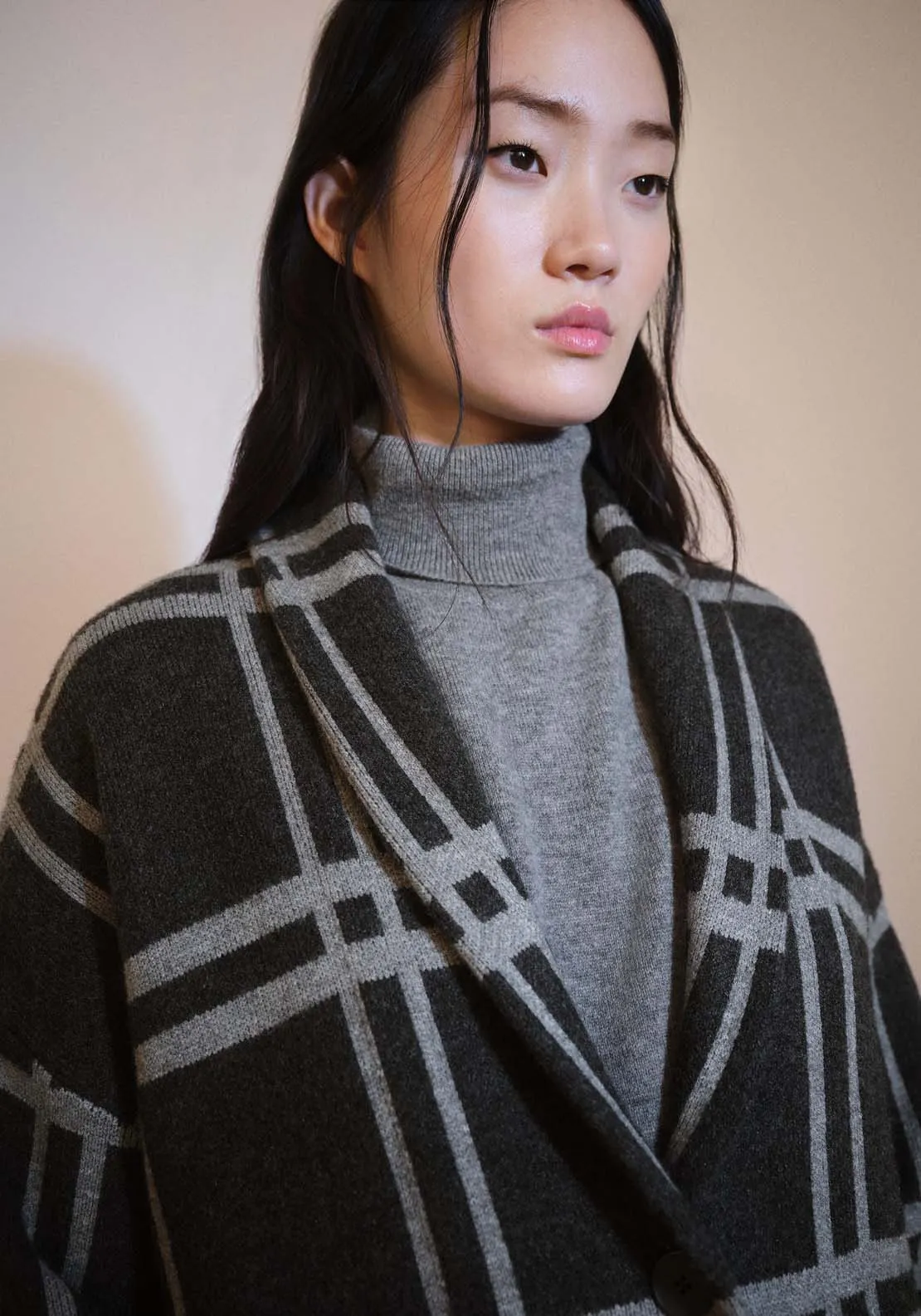 Checked coat with one button - Charcoal
