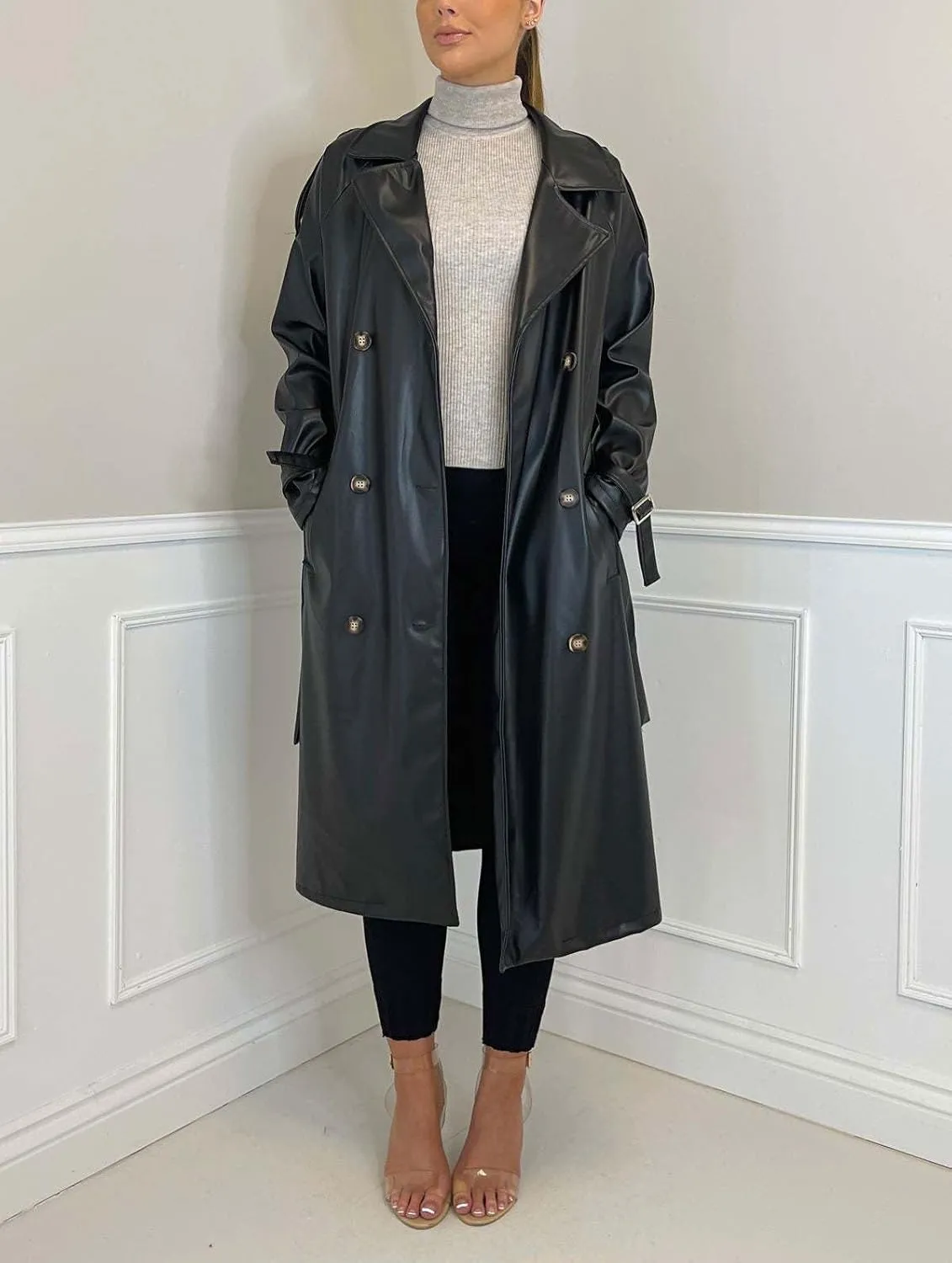 chouyatou Women's Faux Leather Trench Coat Lapel Double Breasted Pu Leather Long Jacket with Belt
