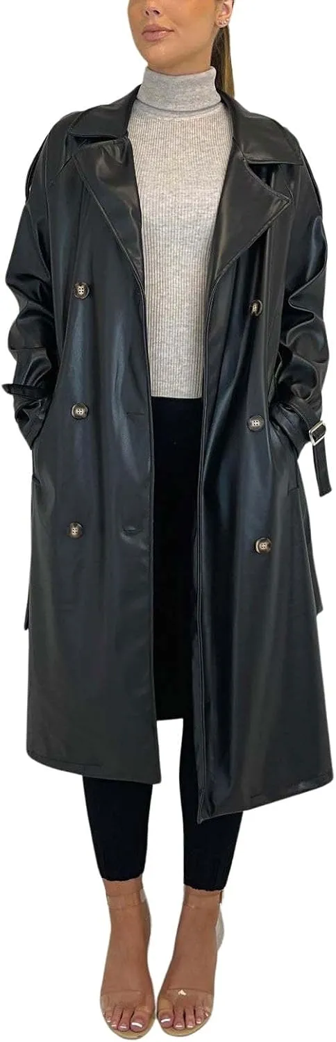 chouyatou Women's Faux Leather Trench Coat Lapel Double Breasted Pu Leather Long Jacket with Belt