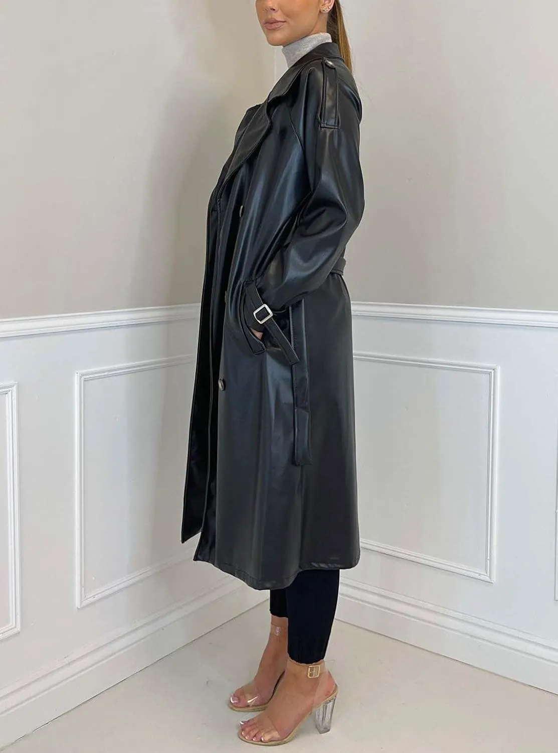 chouyatou Women's Faux Leather Trench Coat Lapel Double Breasted Pu Leather Long Jacket with Belt