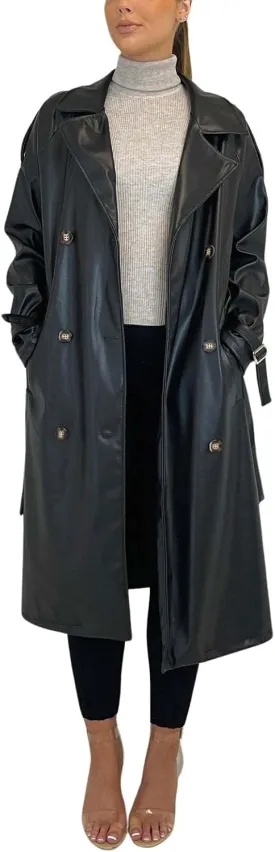 chouyatou Women's Faux Leather Trench Coat Lapel Double Breasted Pu Leather Long Jacket with Belt
