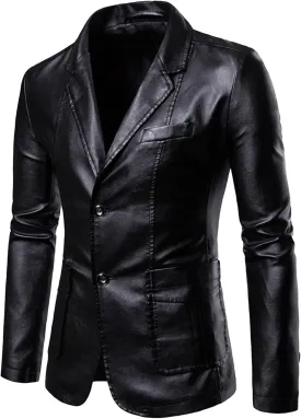 DGHM-JLMY Men's Suit Collar Fashion Pu Leather Jacket Casual 2 Button Slim Faux Leather Blazer Business Leather Sport Coat