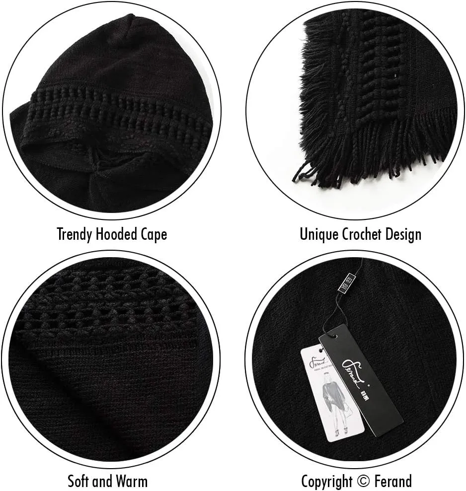 Ferand Ladies' Hooded Cape with Fringed Hem, Crochet Poncho Knitting Patterns for Women