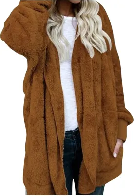 Fleece Jacket Women Fuzzy Hooded Long Winter Coats Open Front Cardigan Sweaters Warm Shacket Outerwear with Pokets