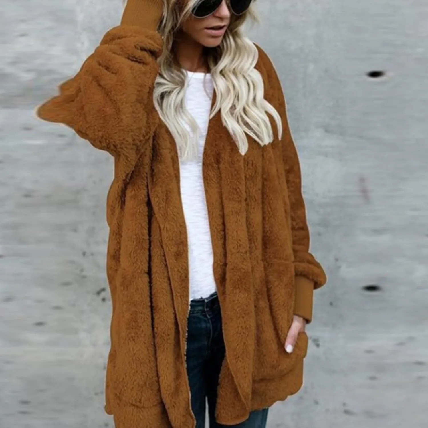Fleece Jacket Women Fuzzy Hooded Long Winter Coats Open Front Cardigan Sweaters Warm Shacket Outerwear with Pokets