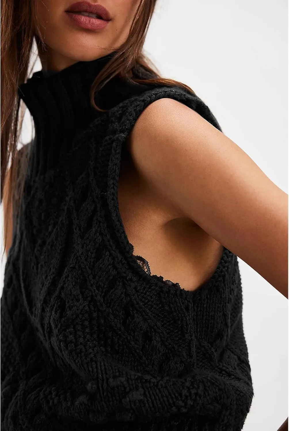 Hixiaohe Turtleneck Crochet Sweater Vest Fall Fashion Knit Sleeveless Tank Tops for Women Lightweight Casual Pullover Clothes