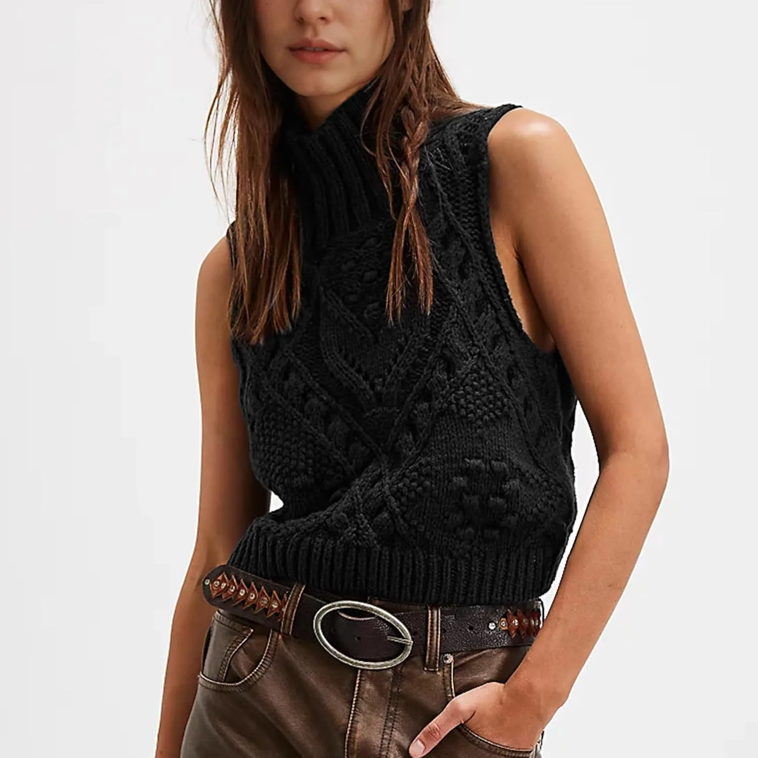 Hixiaohe Turtleneck Crochet Sweater Vest Fall Fashion Knit Sleeveless Tank Tops for Women Lightweight Casual Pullover Clothes