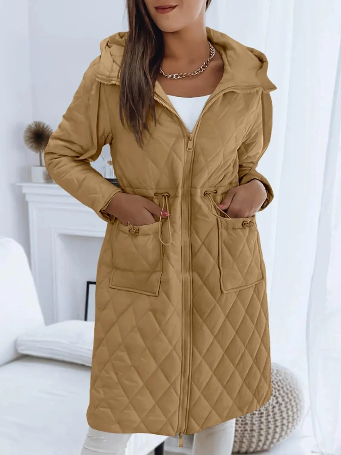 Imily Bela Womens Long Quilted Jackets Zip Up Hooded Drawstring Waist Coats with Pockets