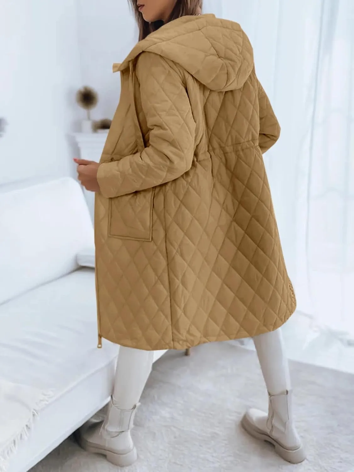 Imily Bela Womens Long Quilted Jackets Zip Up Hooded Drawstring Waist Coats with Pockets
