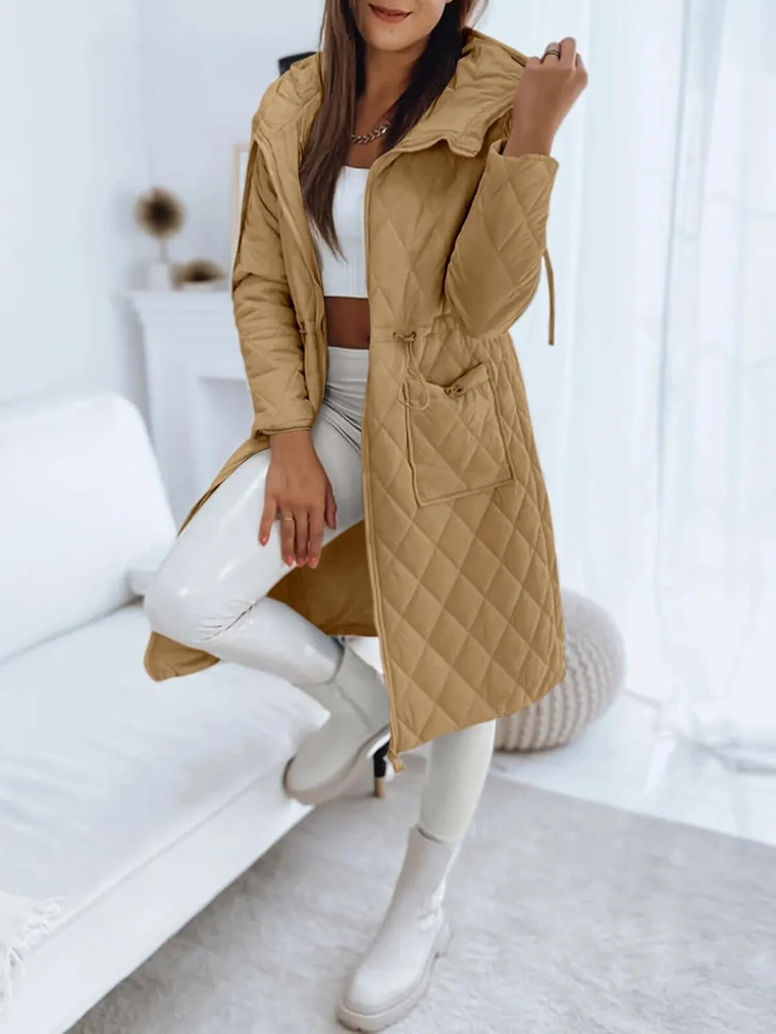 Imily Bela Womens Long Quilted Jackets Zip Up Hooded Drawstring Waist Coats with Pockets