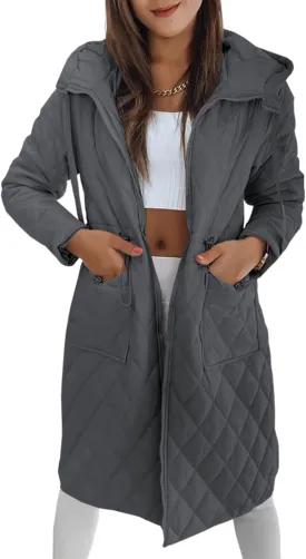 Imily Bela Womens Long Quilted Jackets Zip Up Hooded Drawstring Waist Coats with Pockets