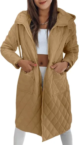 Imily Bela Womens Long Quilted Jackets Zip Up Hooded Drawstring Waist Coats with Pockets