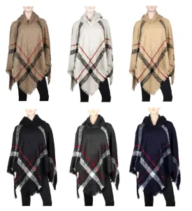 Ladies Plaid Sweater Ponchos with Hood Wholesale