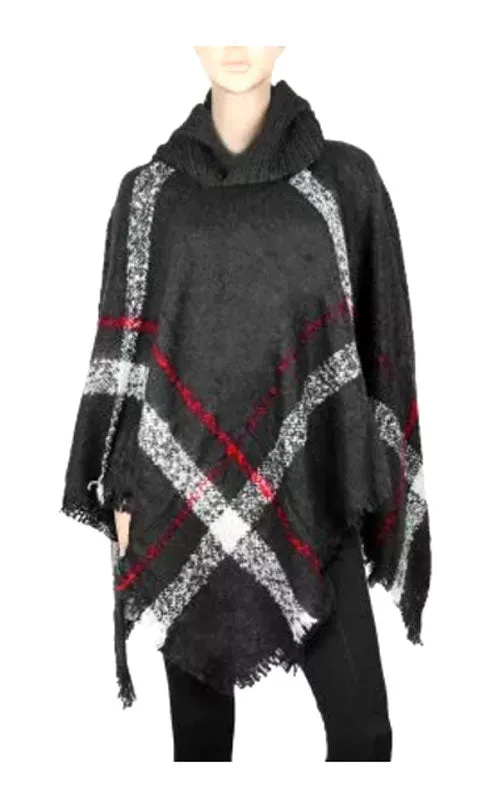 Ladies Plaid Sweater Ponchos with Hood Wholesale