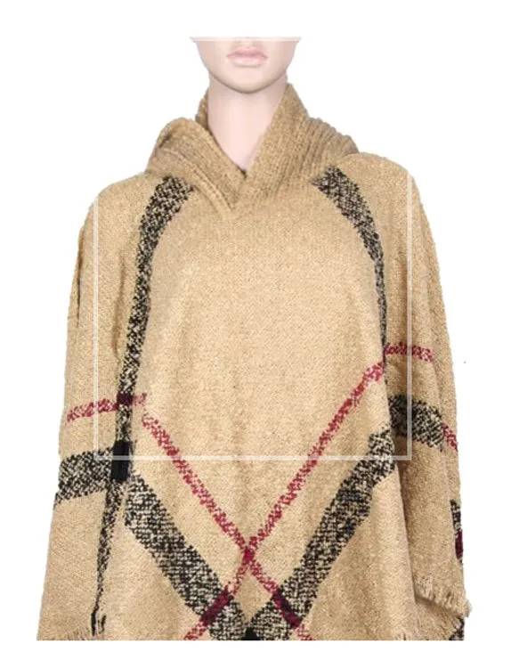 Ladies Plaid Sweater Ponchos with Hood Wholesale