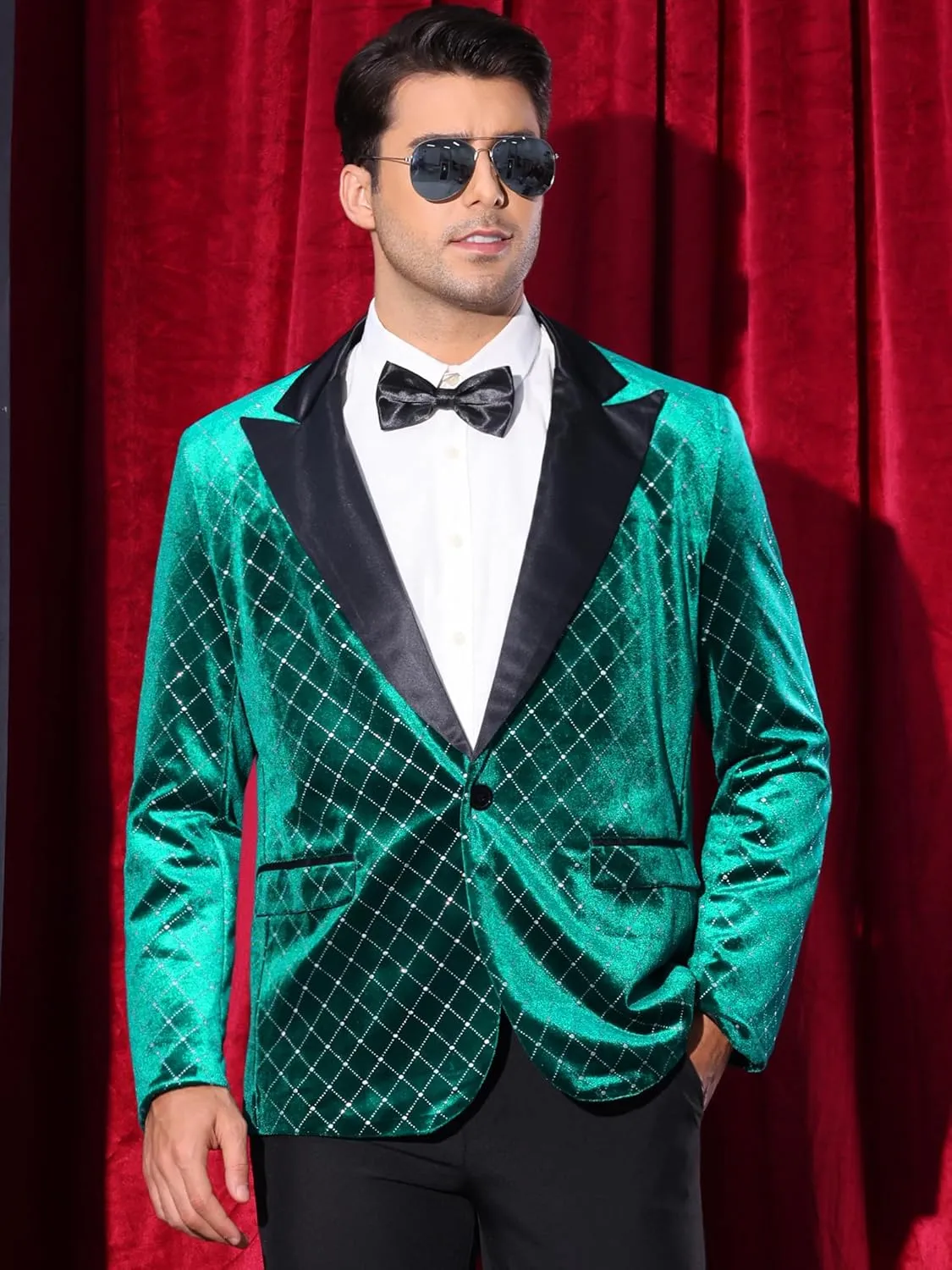 Lars Amadeus Velvet Blazers for Men's Velour Tuxedo Peak Lapel Argyle Plaid Sparkly Shiny Suit Jacket