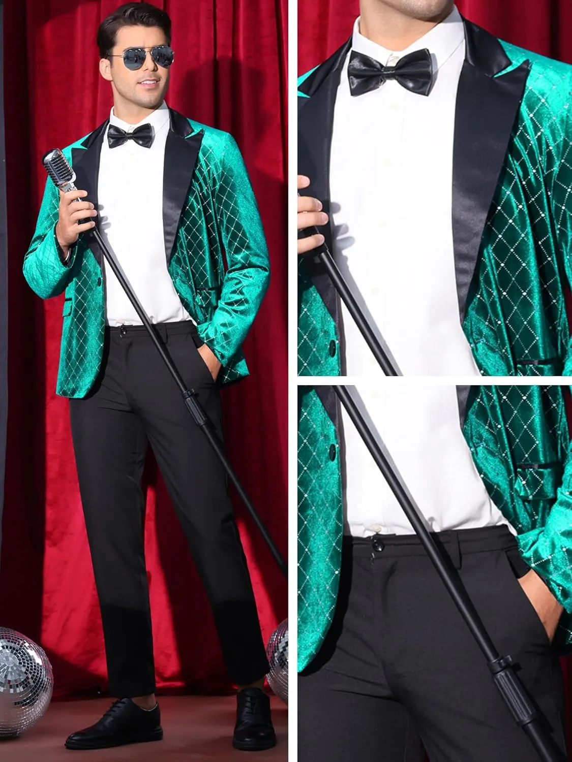 Lars Amadeus Velvet Blazers for Men's Velour Tuxedo Peak Lapel Argyle Plaid Sparkly Shiny Suit Jacket