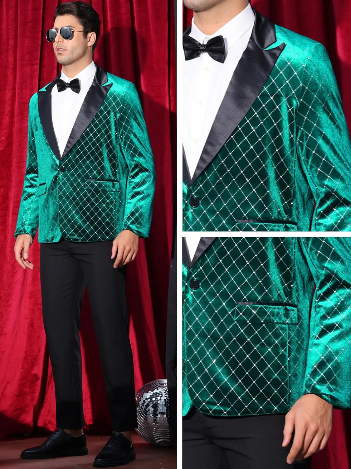 Lars Amadeus Velvet Blazers for Men's Velour Tuxedo Peak Lapel Argyle Plaid Sparkly Shiny Suit Jacket