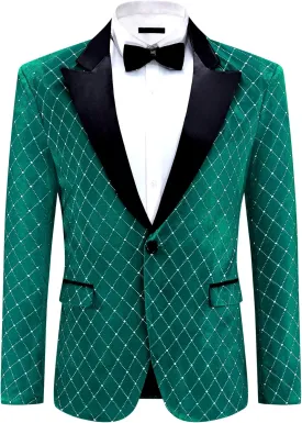 Lars Amadeus Velvet Blazers for Men's Velour Tuxedo Peak Lapel Argyle Plaid Sparkly Shiny Suit Jacket