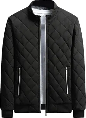 Men's Fleece Lined Quilted Jackets Winter Parka Stand Collar Padded Jackets Casual Windproof Bomber Coat