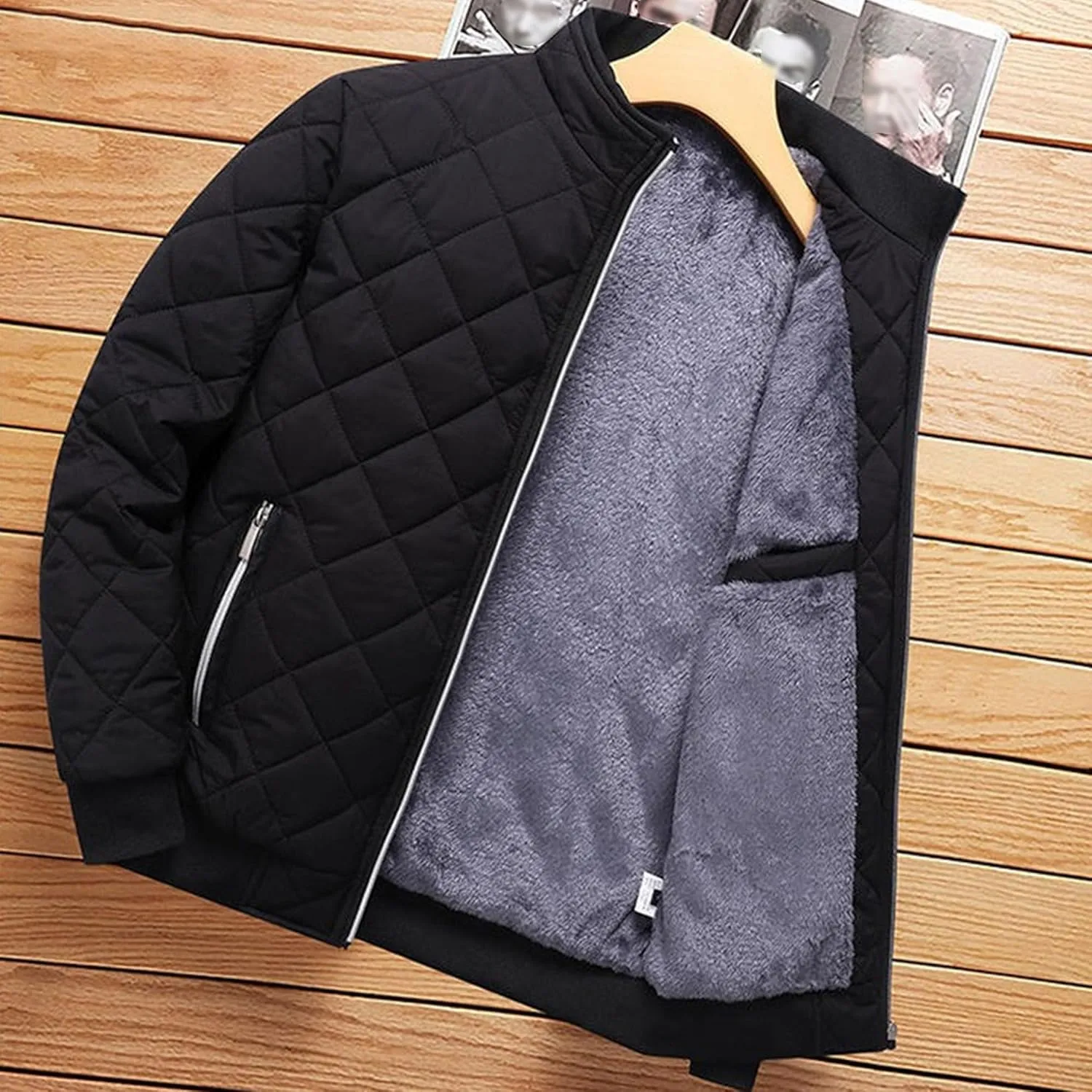 Men's Fleece Lined Quilted Jackets Winter Parka Stand Collar Padded Jackets Casual Windproof Bomber Coat