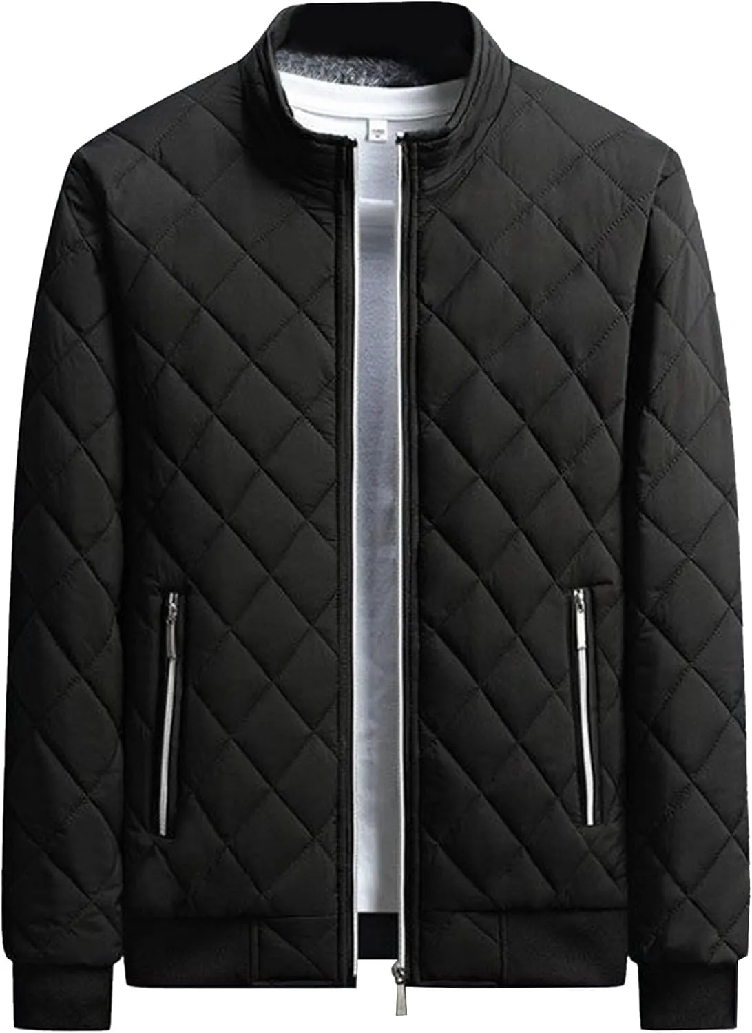 Men's Fleece Lined Quilted Jackets Winter Parka Stand Collar Padded Jackets Casual Windproof Bomber Coat
