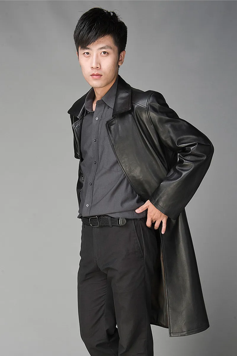 Men's Long Black Leather Trench Coat