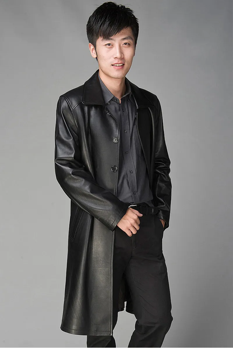 Men's Long Black Leather Trench Coat