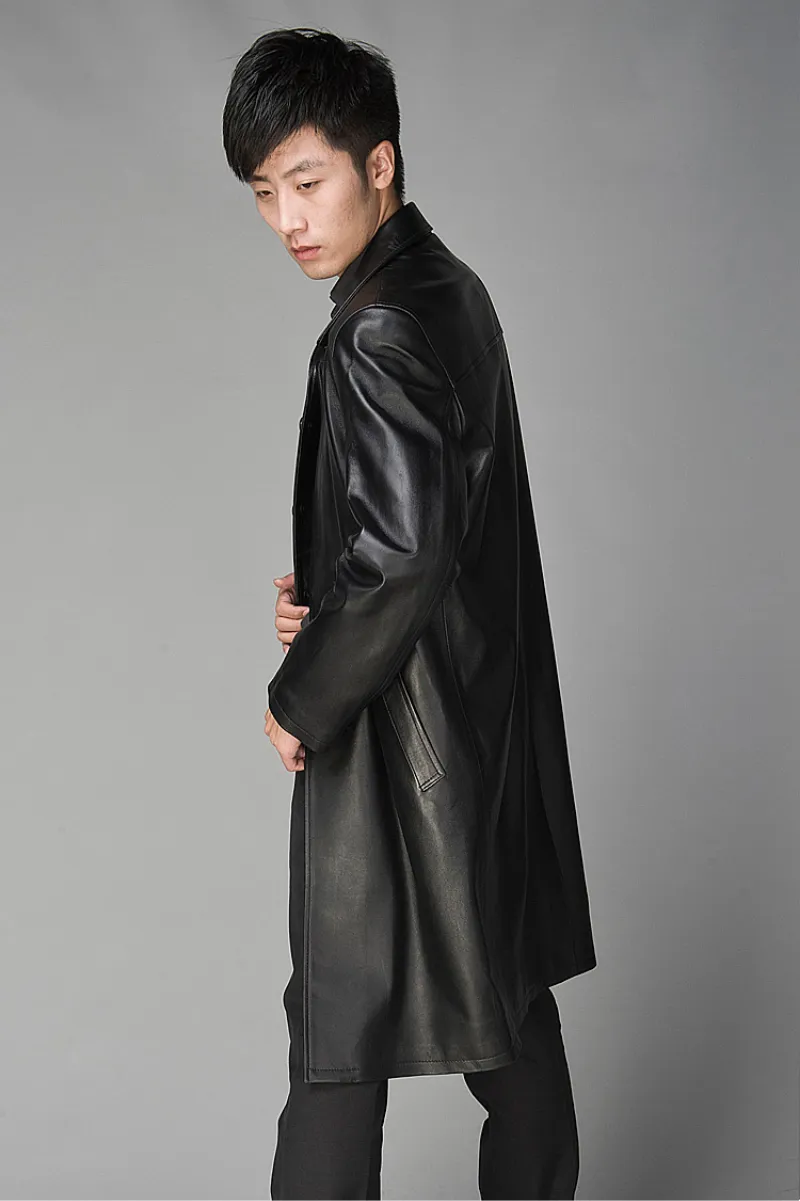 Men's Long Black Leather Trench Coat