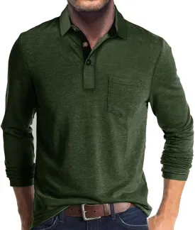Mens Long Sleeve Polo Shirts Classic Button Down Golf Shirt Fashion Casual Moisture Wicking Shirts with Pocket