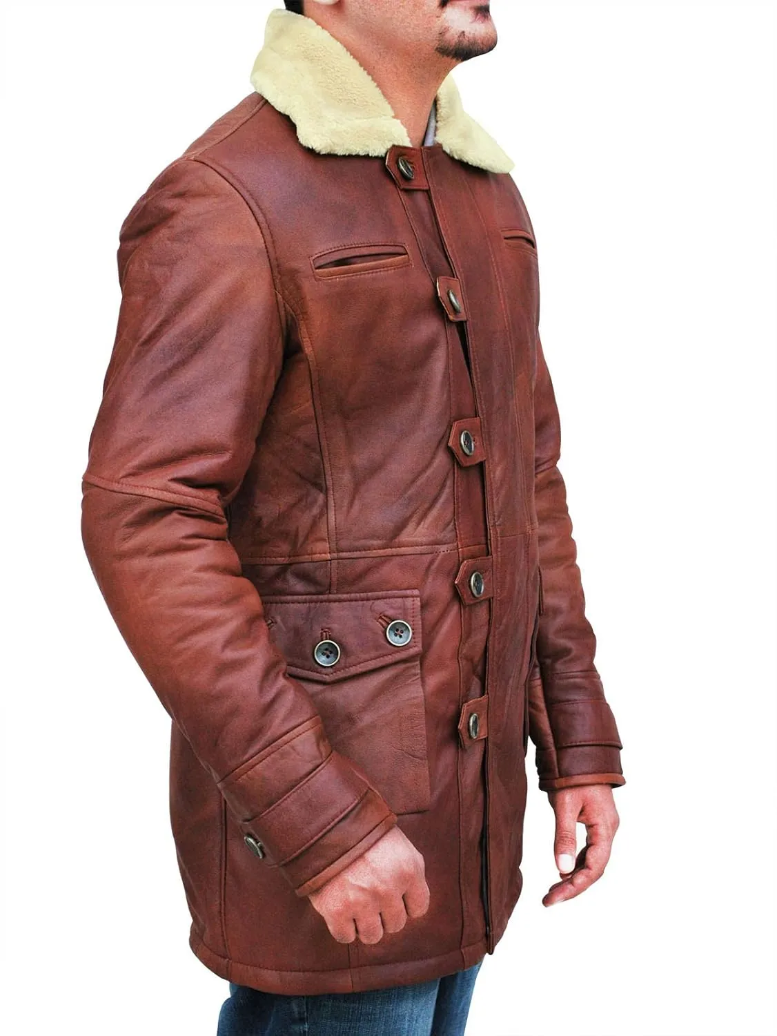 Mens Tom Hardy Dark Knight Bane Faux Fur Shearling Black Leather trench Swedish Bomber Coat