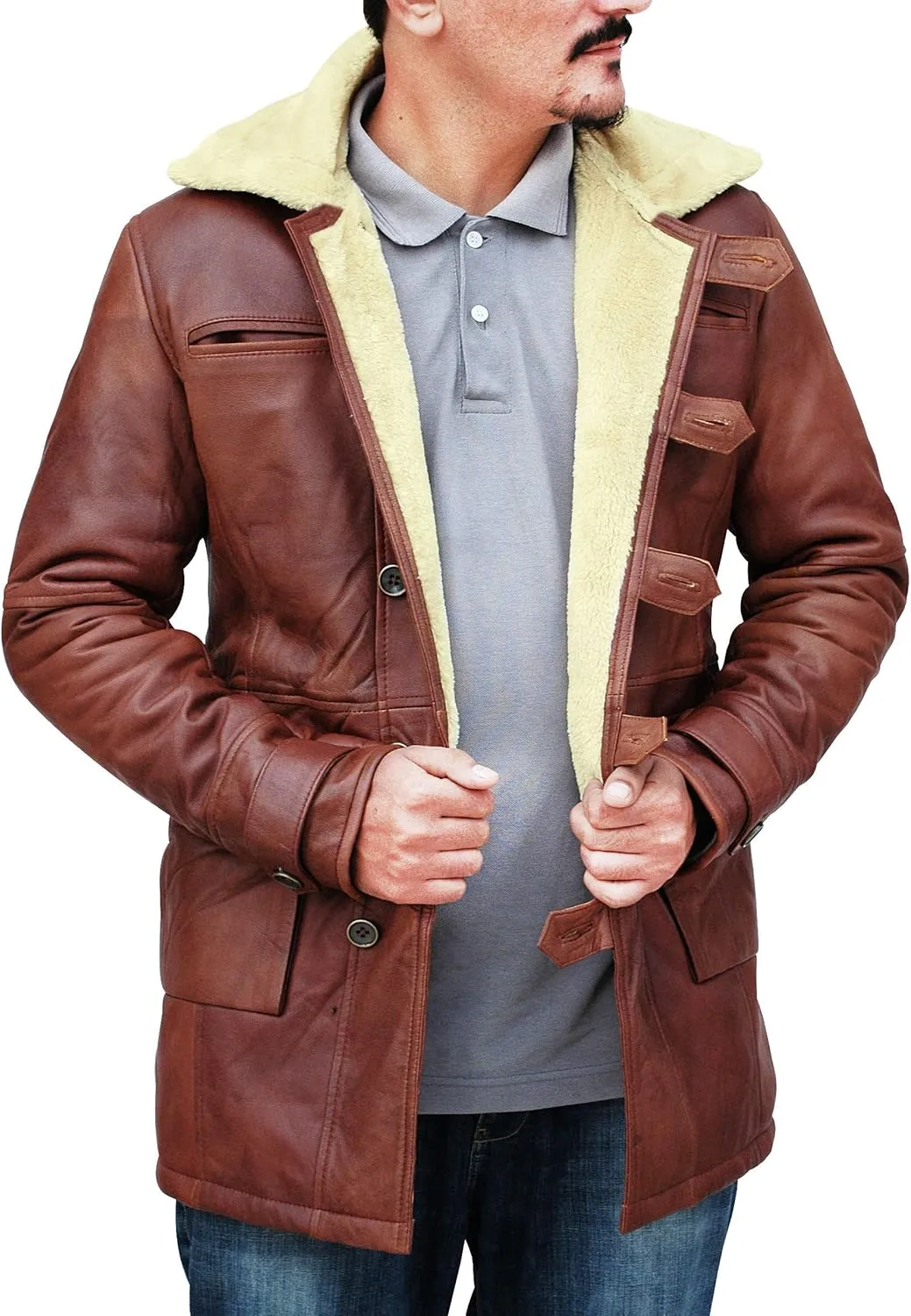 Mens Tom Hardy Dark Knight Bane Faux Fur Shearling Black Leather trench Swedish Bomber Coat