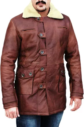 Mens Tom Hardy Dark Knight Bane Faux Fur Shearling Black Leather trench Swedish Bomber Coat