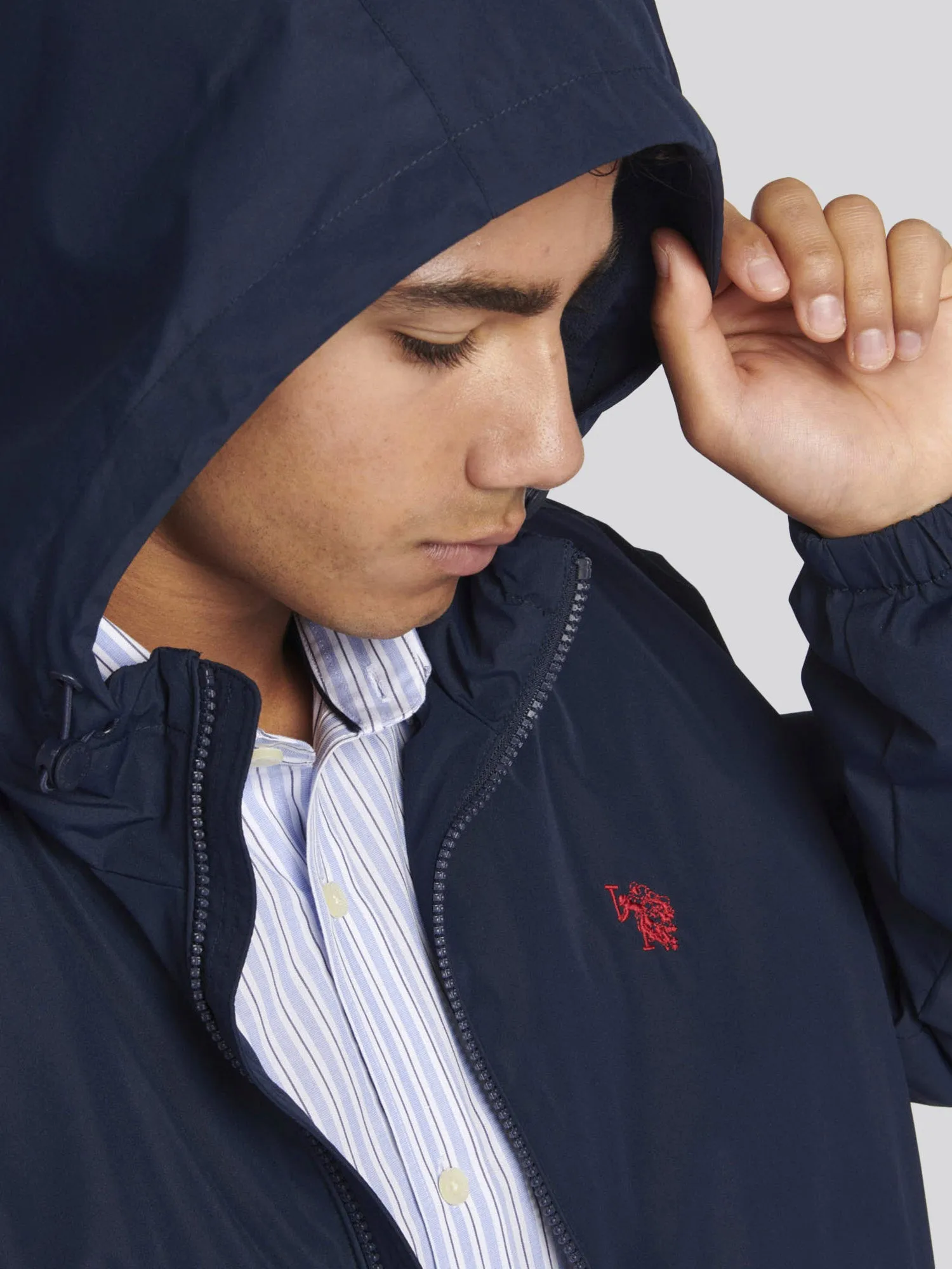 Mens Zip-Through Hooded Coat in Navy Blazer / Haute Red