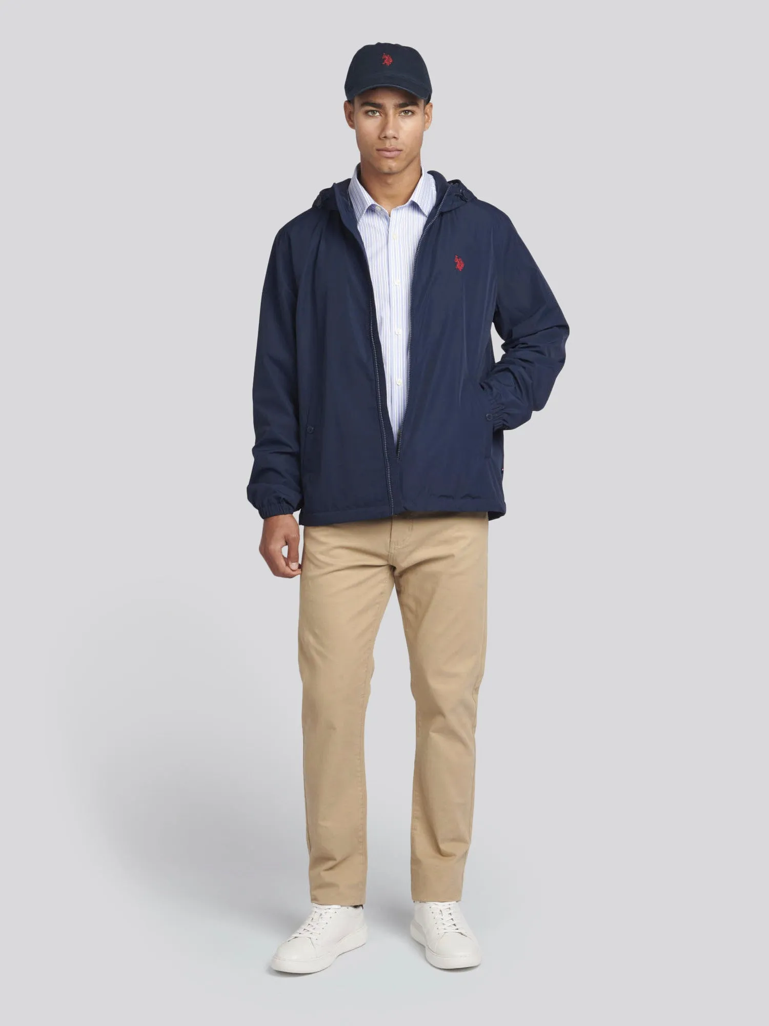 Mens Zip-Through Hooded Coat in Navy Blazer / Haute Red