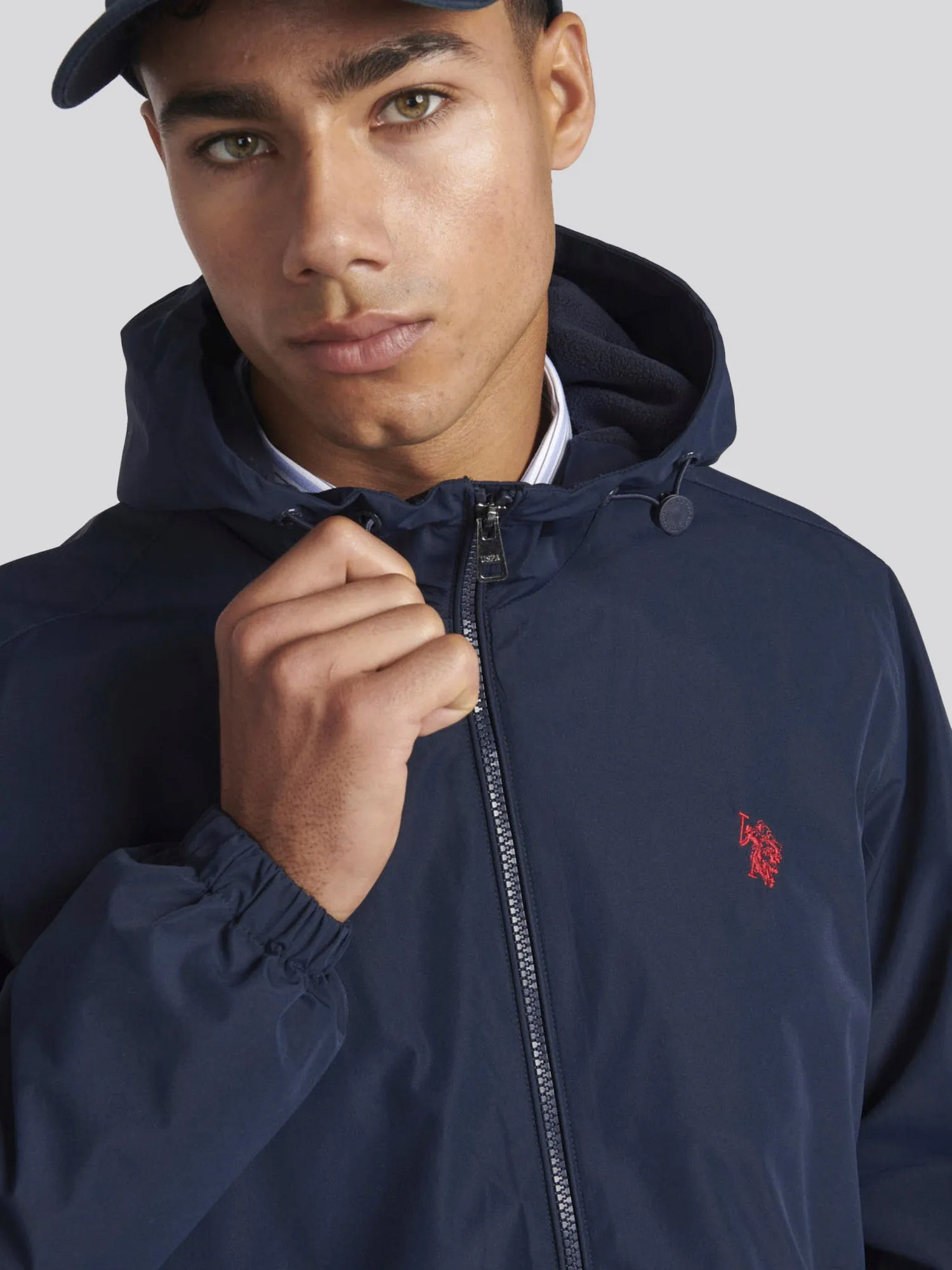 Mens Zip-Through Hooded Coat in Navy Blazer / Haute Red