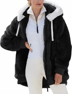 Micoson Women Fashion Color Block Faux Shearling Coat Warm Hooded Zip Up Fuzzy Winter Jacket with Pockets
