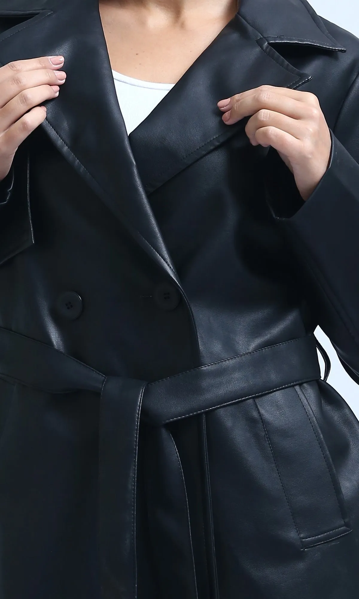 O194961 Long Sleeves Leather Trench Jacket with Belt - Black