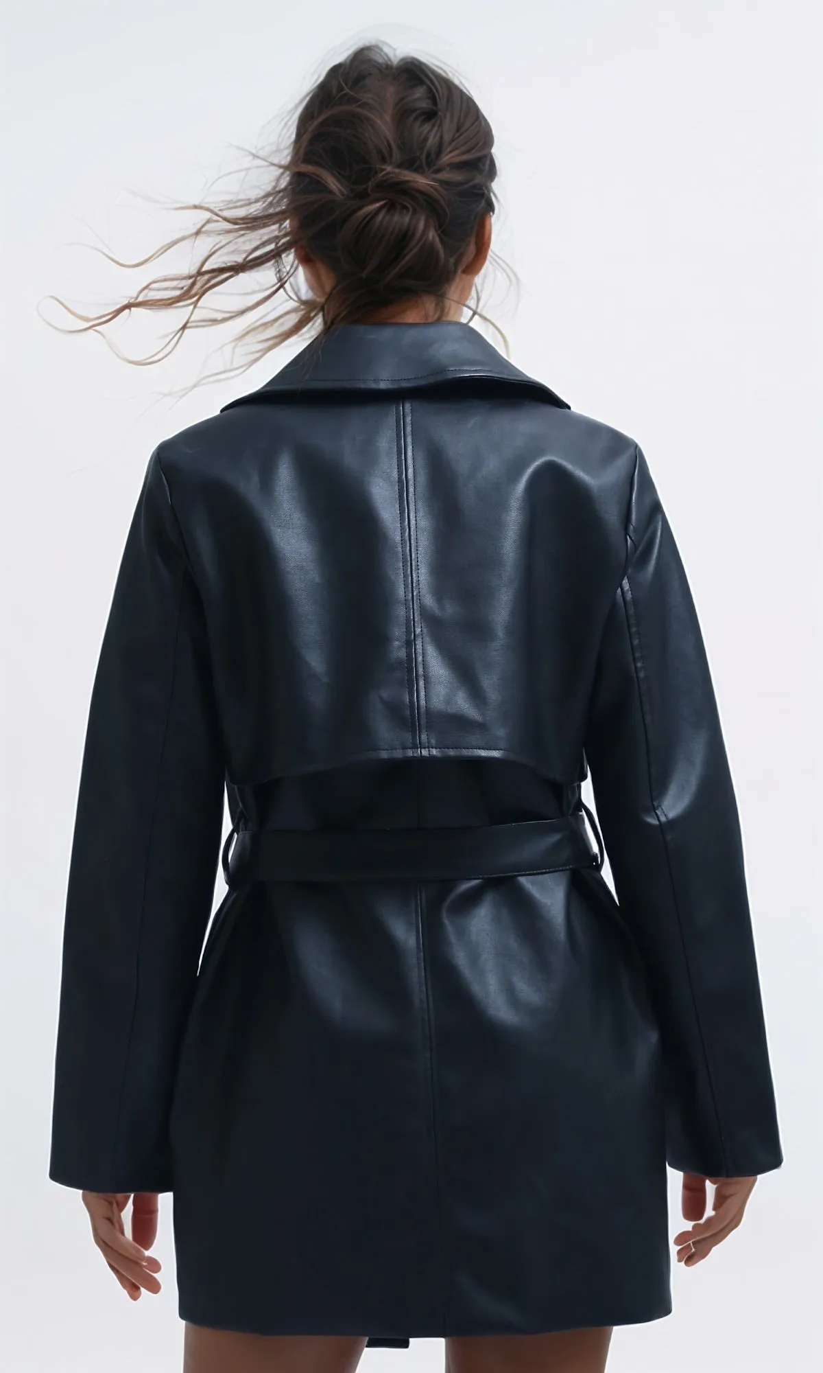 O194961 Long Sleeves Leather Trench Jacket with Belt - Black