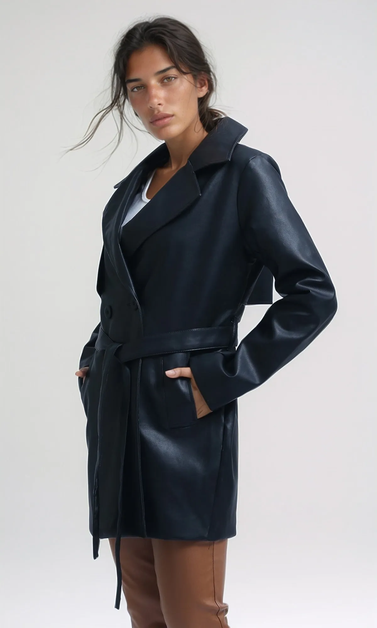 O194961 Long Sleeves Leather Trench Jacket with Belt - Black